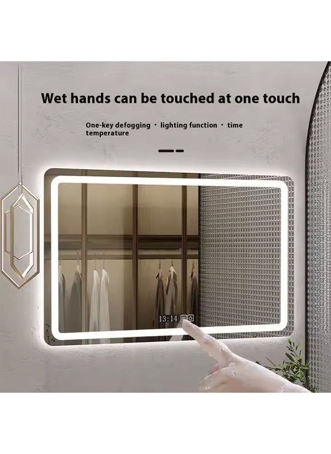 Multifunctional Horizontal Smart Mirror with Rounded Frameless Design with LED Lighting, Human Body Sensor, Dual Touch Controls, Defogging, Time & Temperature Display 100 X 80 Cm