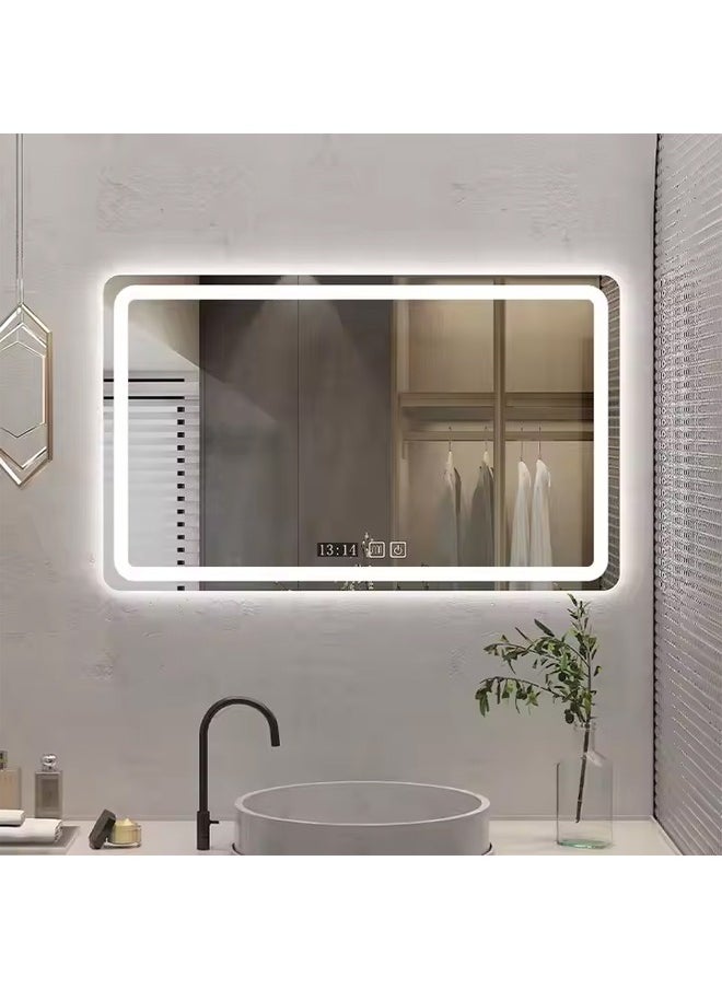 Multifunctional Horizontal Smart Mirror with Rounded Frameless Design with LED Lighting, Human Body Sensor, Dual Touch Controls, Defogging, Time & Temperature Display 100 X 80 Cm