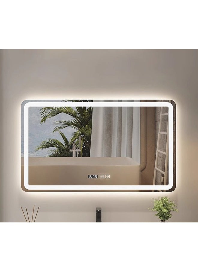 Multifunctional Horizontal Smart Mirror with Rounded Frameless Design with LED Lighting, Human Body Sensor, Dual Touch Controls, Defogging, Time & Temperature Display 100 X 80 Cm