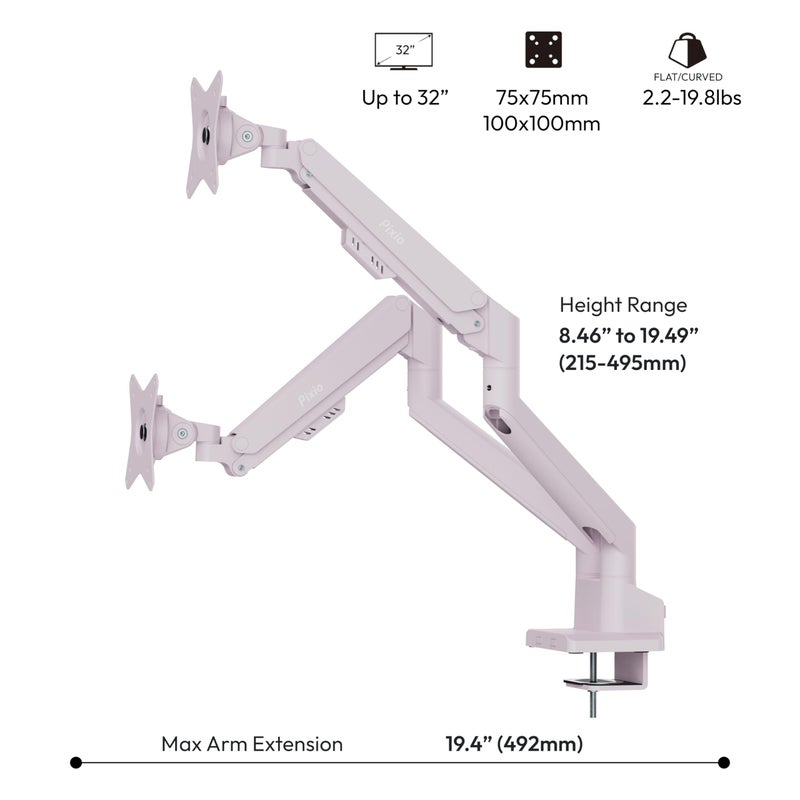 Pixio PS1D Wave Pink Dual Monitor Arm Stand Desk Mount - Fits up to 32 inches Monitors and up to 19.8lbs. VESA Compatibility and Integrated Cable Management - Image 4