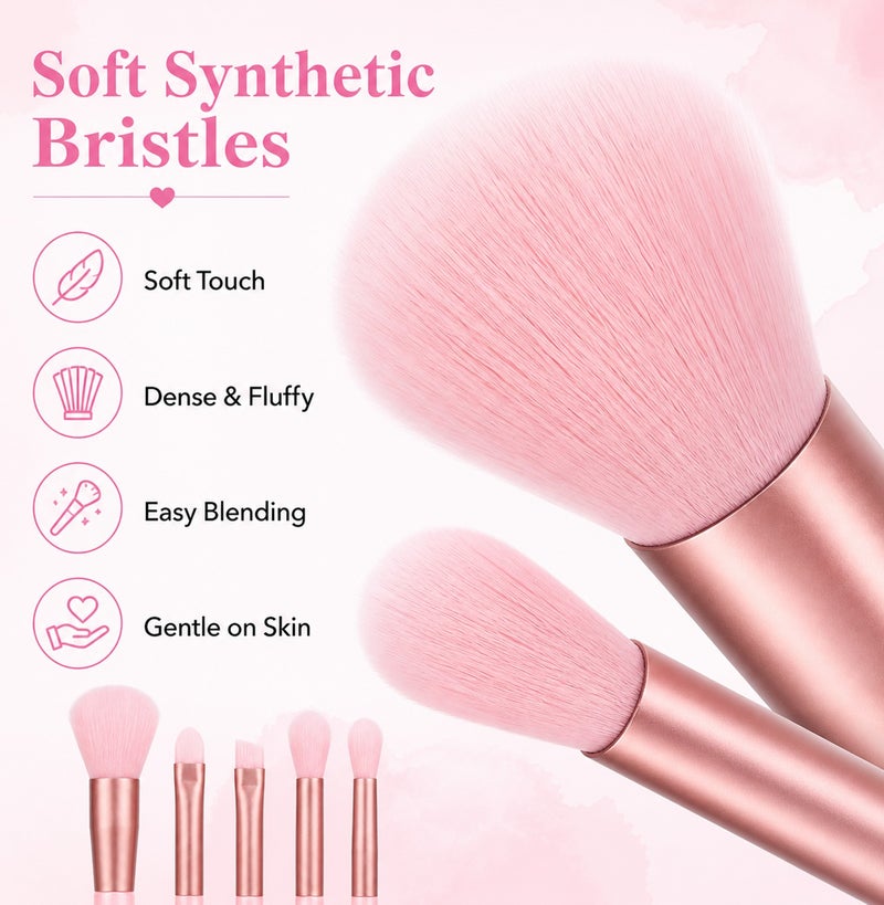Me Now 5 Pcs Mini Makeup Brush Set Travel Makeup Brushes with Soft Synthetic Bristles, Pink Cosmetic Brush Kit for Powder, Blush Eyeshadow, Concealer and Detail Makeup Portable (1 Set / 5 Brushes) - Image 5