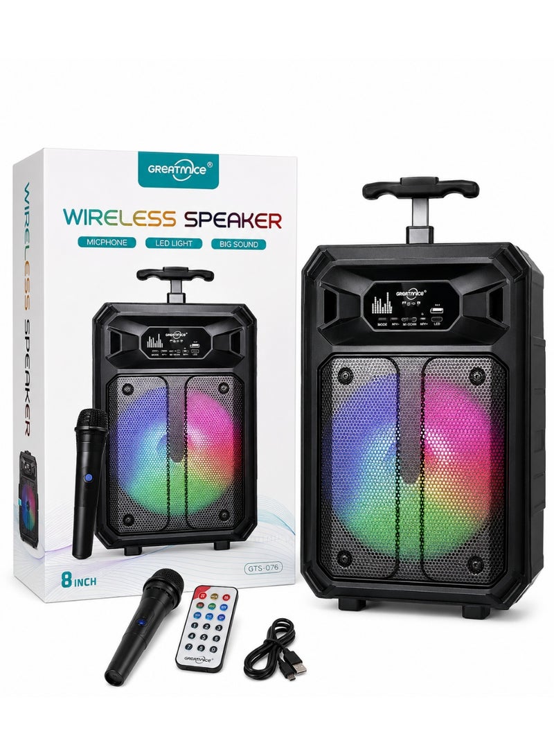 قريت نايس سماعة لاسلكية 8 بوصة – مكبر صوت بلوتوث محمول مع إضاءة LED ومايكروفون وريموت وصوت قوي - Image 1