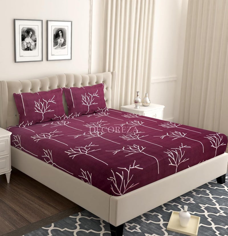 DECOREZA 350 TC Queen Size Elastic Fitted Bedsheet with Deep Pocket Cotton Feel Bed Sheet for Double Bed, Soft, Breathable & Wrinkle-Resistant, Includes 2 Pillow Covers, Size - 60"x78" Maroon Tree - Image 5