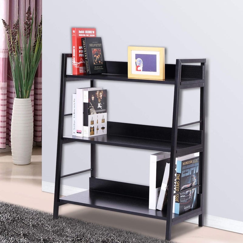 Generic Indian Decor 45735 Leaning Ladder Bookshelf Bookcase Shelving Wooden Rack Storage Wall Shelf Organizer Display MDF Dark Brown 3 Tiers  - Image 2