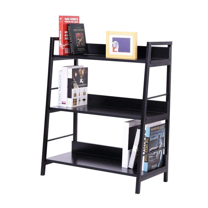 Generic Indian Decor 45735 Leaning Ladder Bookshelf Bookcase Shelving Wooden Rack Storage Wall Shelf Organizer Display MDF Dark Brown 3 Tiers  - Image 1
