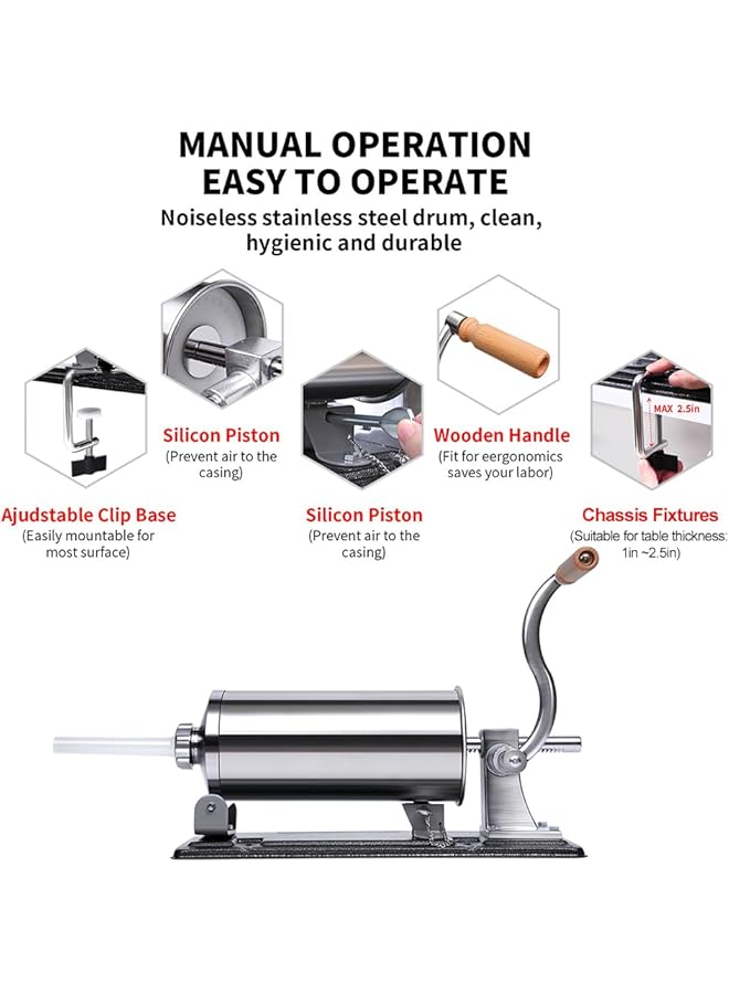 إيروريكس آلة حشو السجق المصنوعة يدويًا من الفولاذ المقاوم للصدأ سعة 4 لتر مع 8 أنابيب حشو، آلة حشو السجق الأفقية للاستخدام التجاري المنزلي - Image 4