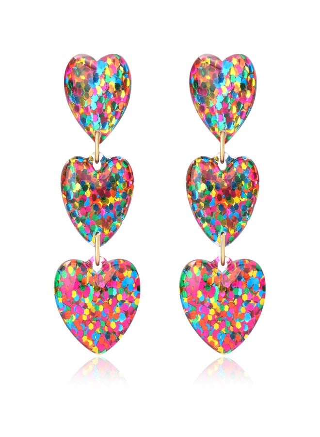 RareLove Sparkle Heart Earrings,Lightweight Colorful Three Hearts Dangling Stud Earrings for Women, Fun Valentine Earrings for Women - Image 1