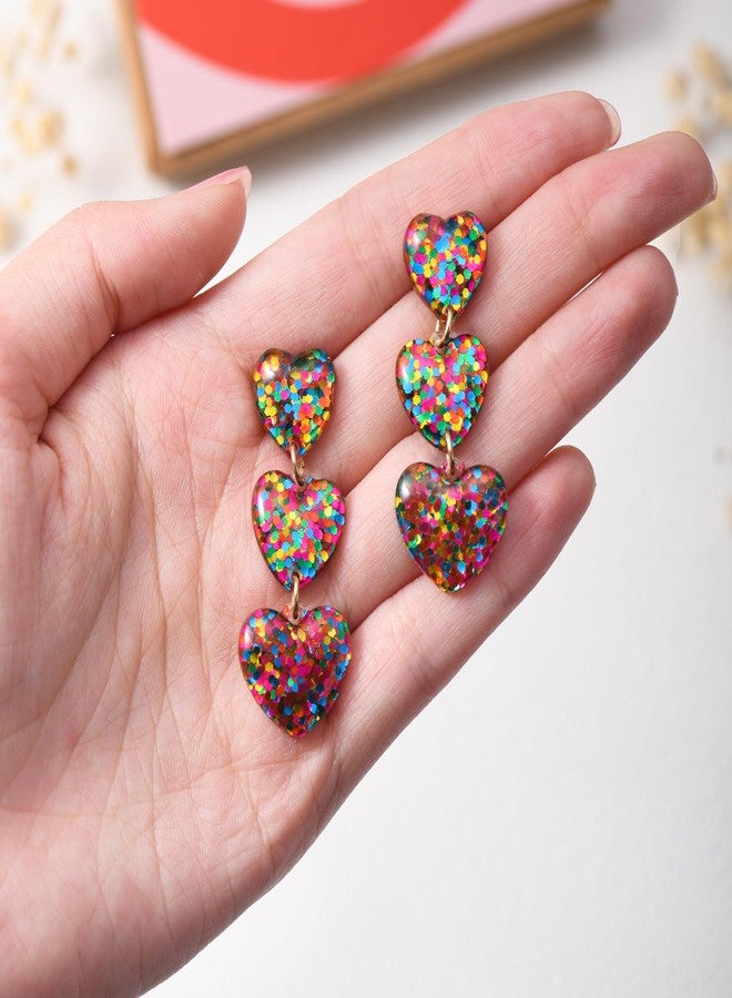 RareLove Sparkle Heart Earrings,Lightweight Colorful Three Hearts Dangling Stud Earrings for Women, Fun Valentine Earrings for Women - Image 4