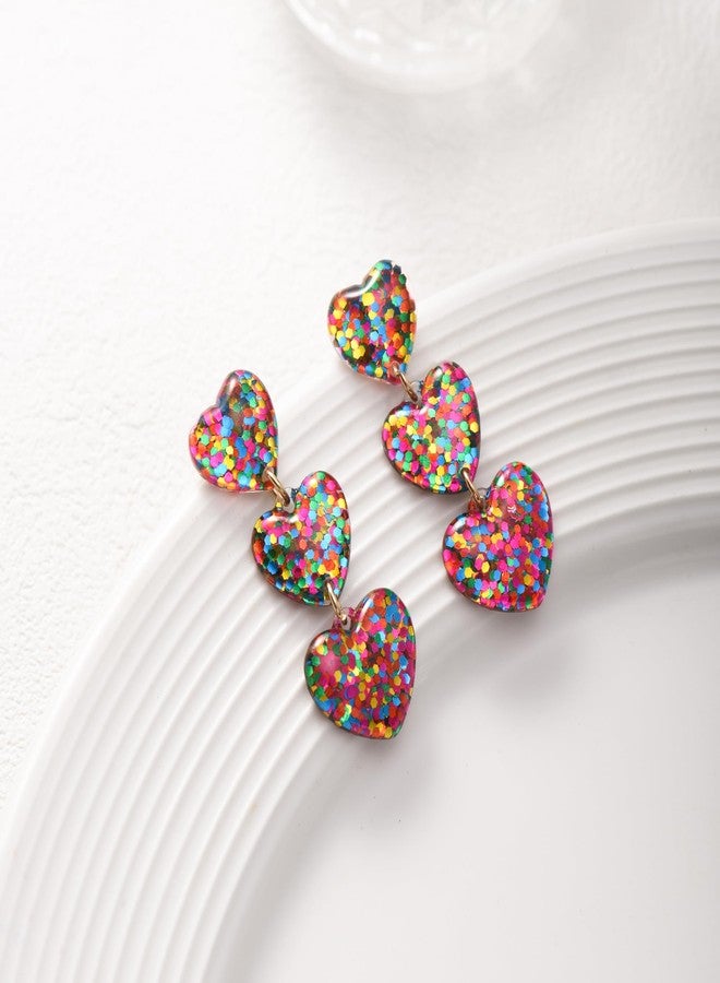 RareLove Sparkle Heart Earrings,Lightweight Colorful Three Hearts Dangling Stud Earrings for Women, Fun Valentine Earrings for Women - Image 3