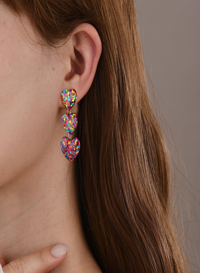 RareLove Sparkle Heart Earrings,Lightweight Colorful Three Hearts Dangling Stud Earrings for Women, Fun Valentine Earrings for Women - Image 5
