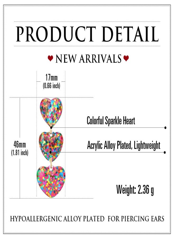 RareLove Sparkle Heart Earrings,Lightweight Colorful Three Hearts Dangling Stud Earrings for Women, Fun Valentine Earrings for Women - Image 2