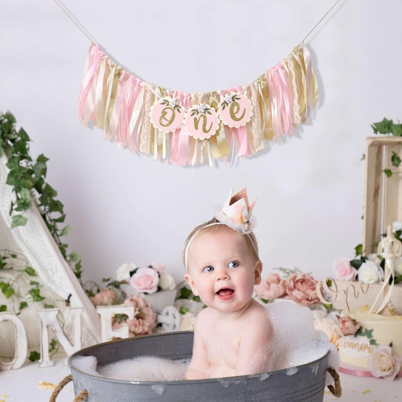 Agkvw Pink Golden Floral High Chair Banner - Rose 1st Birthday Highchair Banner, Girlsâ€™ 1st Birthday Decoration, Pink First Bday Decor, One High ChairBanner, First Bday Party Decorations for Girls - Image 3