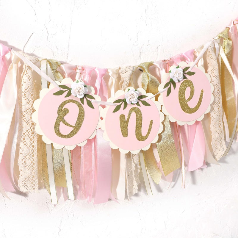 Agkvw Pink Golden Floral High Chair Banner - Rose 1st Birthday Highchair Banner, Girlsâ€™ 1st Birthday Decoration, Pink First Bday Decor, One High ChairBanner, First Bday Party Decorations for Girls - Image 4