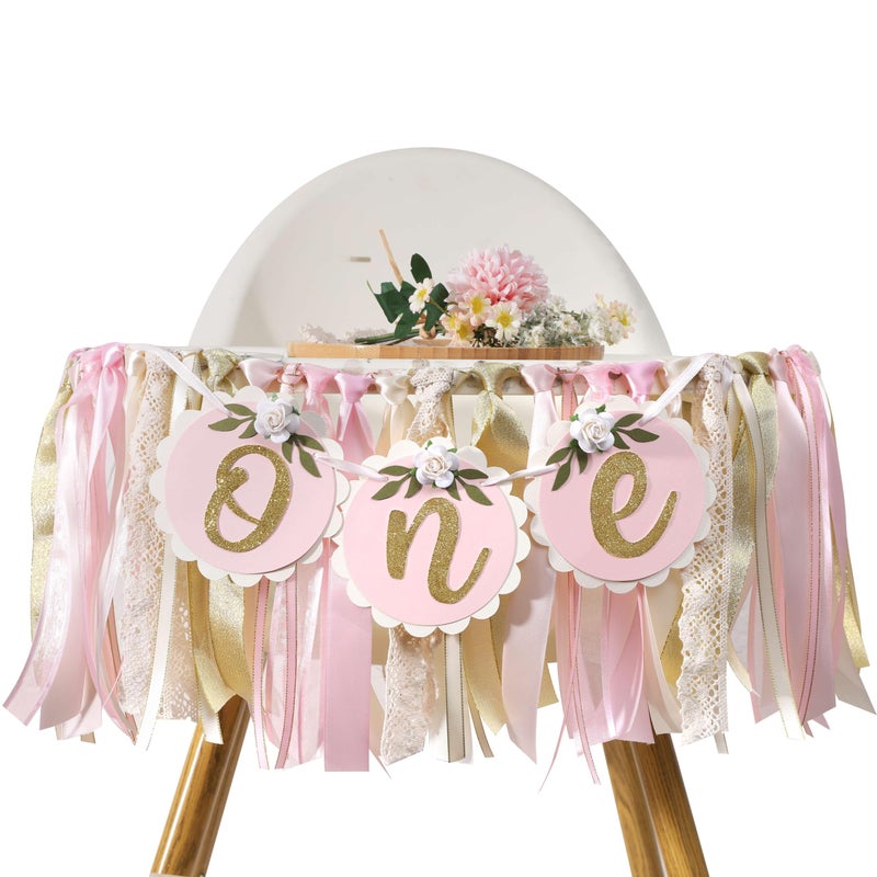 Agkvw Pink Golden Floral High Chair Banner - Rose 1st Birthday Highchair Banner, Girlsâ€™ 1st Birthday Decoration, Pink First Bday Decor, One High ChairBanner, First Bday Party Decorations for Girls - Image 1