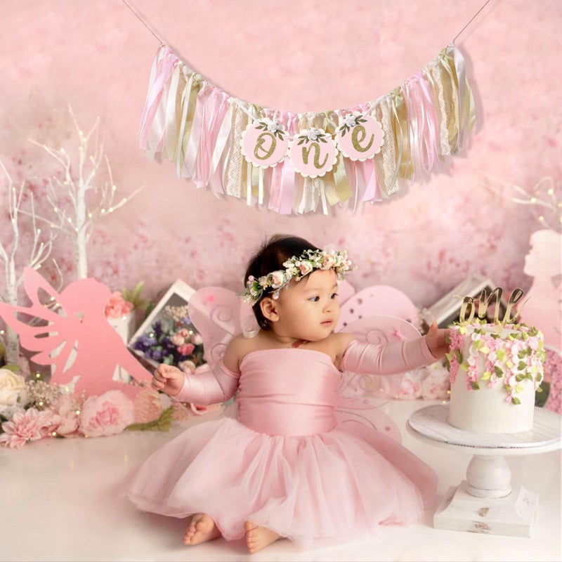 Agkvw Pink Golden Floral High Chair Banner - Rose 1st Birthday Highchair Banner, Girlsâ€™ 1st Birthday Decoration, Pink First Bday Decor, One High ChairBanner, First Bday Party Decorations for Girls - Image 5