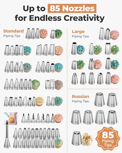 Kootek 140Pcs Icing Piping Bags and Tips Set, Frosting Piping Kit with 78 Numbered Icing Tips, 7 Russian Tip, 42 Pastry Bags 12 Inch, 5 Couplers, 4 Bag Ties for Cake Decorating, Cupcake, Baking - Image 3
