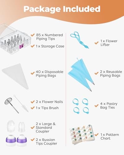 Kootek 140Pcs Icing Piping Bags and Tips Set, Frosting Piping Kit with 78 Numbered Icing Tips, 7 Russian Tip, 42 Pastry Bags 12 Inch, 5 Couplers, 4 Bag Ties for Cake Decorating, Cupcake, Baking - Image 2