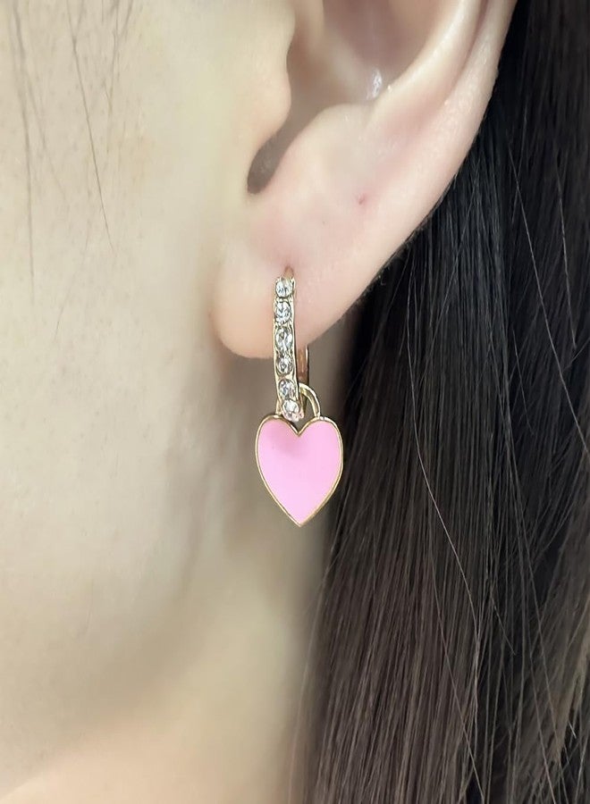 Dtja Preppy Love Heart Hoop Earrings for Women Cubic Zirconia CZ Charms Dangle Drop Huggie Small Hoops Earring Fashion Colorful Y2K Jewelry Cute Gifts (Pink) - Image 2