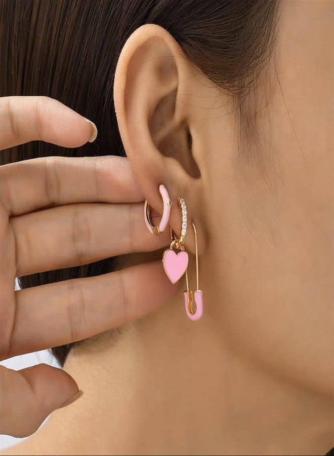Dtja Preppy Love Heart Hoop Earrings for Women Cubic Zirconia CZ Charms Dangle Drop Huggie Small Hoops Earring Fashion Colorful Y2K Jewelry Cute Gifts (Pink) - Image 3