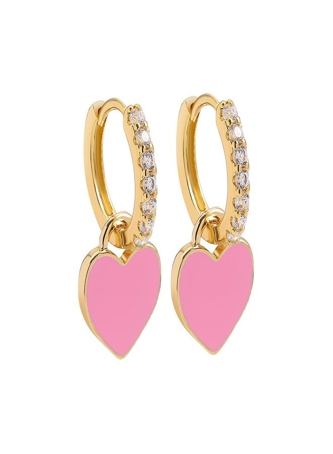 Dtja Preppy Love Heart Hoop Earrings for Women Cubic Zirconia CZ Charms Dangle Drop Huggie Small Hoops Earring Fashion Colorful Y2K Jewelry Cute Gifts (Pink) - Image 1