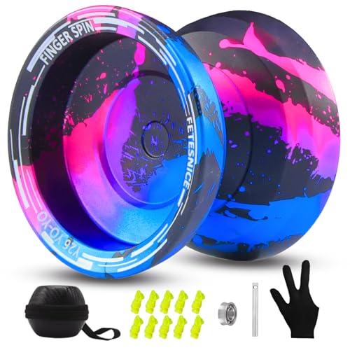 FETESNICE Y26 Professional Butterfly YoYo Dual Mode ResponsiveUnresponsive Finger Spin Yoyo for Kids Adults Competition Players Pro YoYo with 10 Strings Case GlovesBlack Blue Pink - Image 1