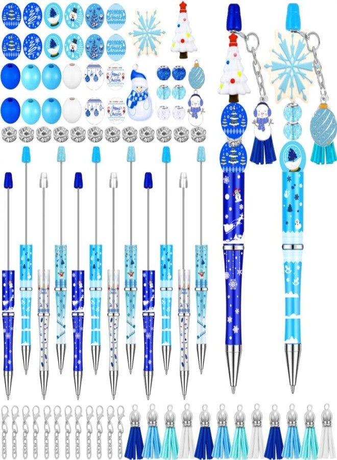 Vellibring 12 Set Christmas Beadable Pens Plastic Bead Winter Blue Bulk Ballpoint DIY Crafting Pens Making Kit with Sticker Pendants Lobster Clasps for Students School Office Supplies