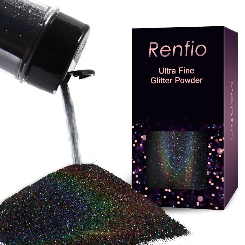 Renfio Holographic Ultra Fine Glitter Powder Metallic Resin Glitter 211 Oz 60g PET Flakes Crafts Sequins 1128 0008 02mm Epoxy Chips Flakes for Tumblers Slime Olympic Decorations Laser Black