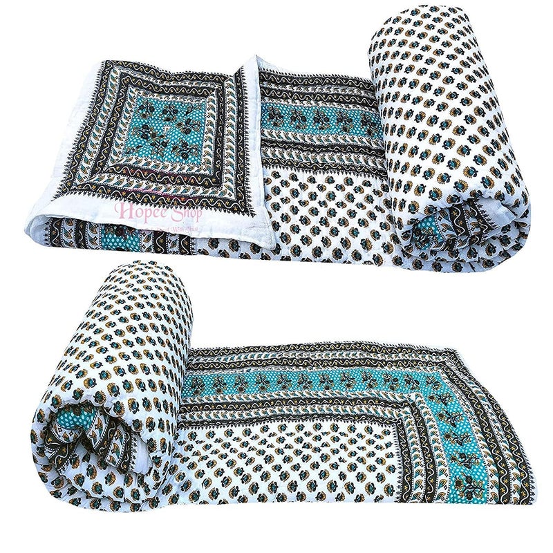 SIBLEY Cotton Soft Jaipuri Razai Traditional Booti Print Single Bed Winter Heavy Ac Blanket Green - Image 3