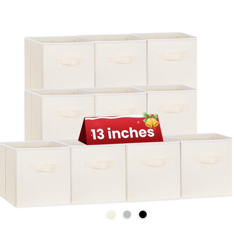 Criusia Large Storage Cubes, 13 Inch Cube Storage Bins for Shelves Closet Nursery Bedroom - 10 Pack Collapsible Storage Baskets with Handles - Fabric Bins for Organizing Clothes Blanket Toys (Beige) - Image 1