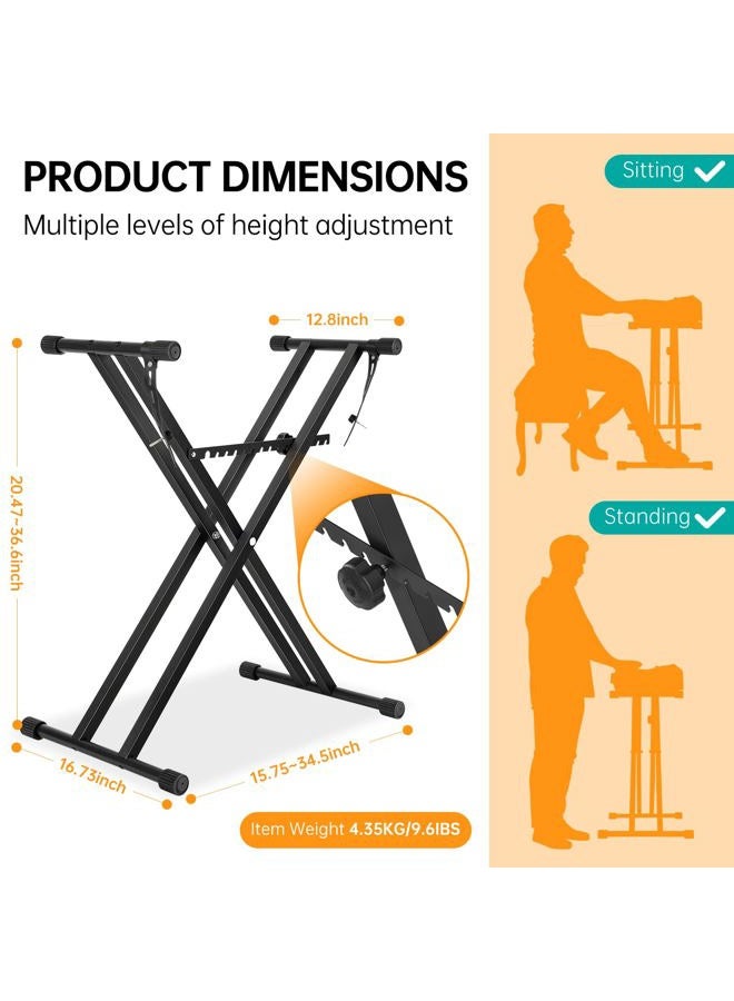 AODSK Double X Keyboard Stand - Adjustable Height 20.47-36.6 Inches, Adjustable Width 15.75-34.5 Inches, with Locking Straps, 132 lbs Load Capacity, Compatible with Keyboards From 61 to 88 Keys - Image 3