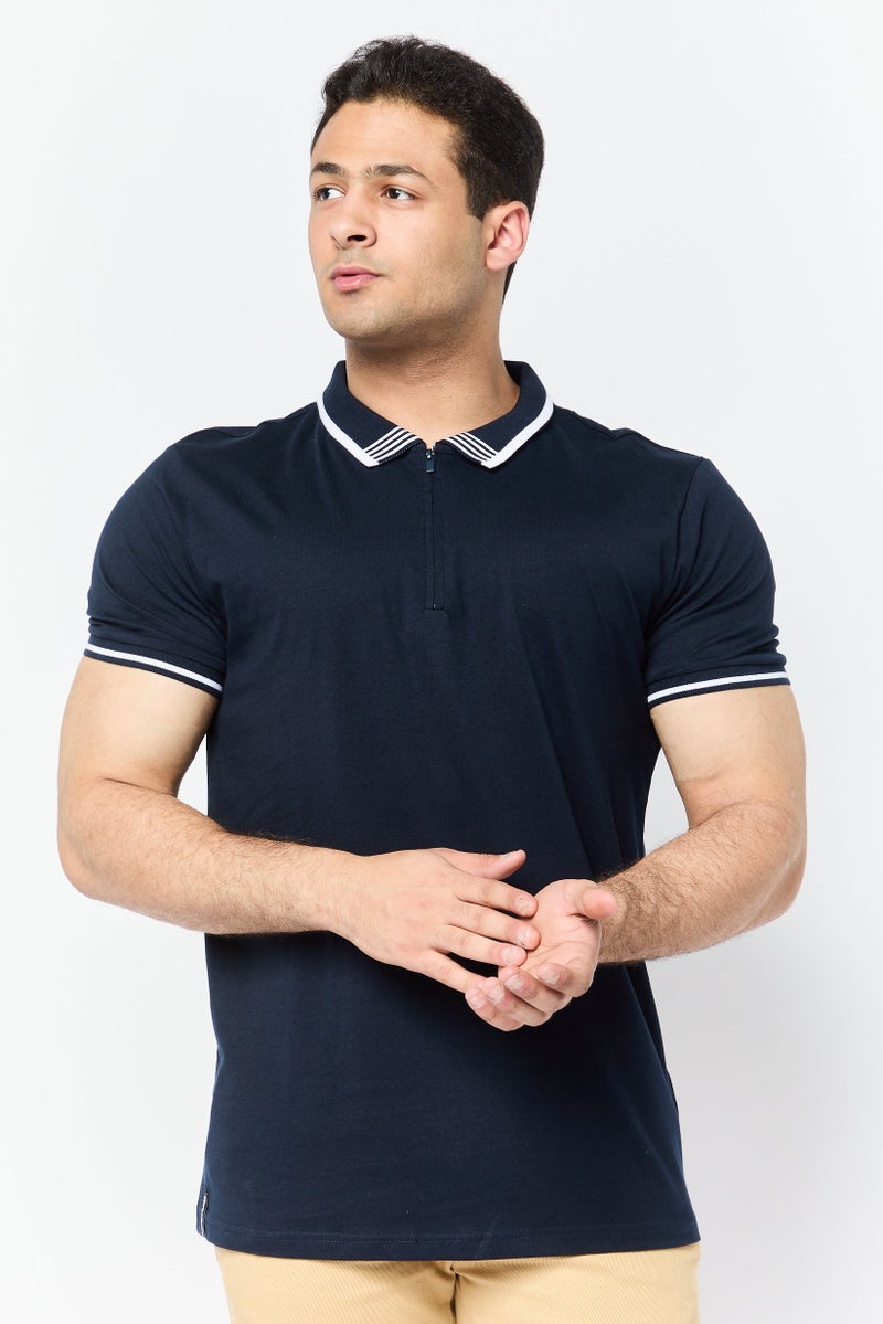 Threadbare Men Regular Fit Plain  Short Sleeves Polo Shirt , Navy - Image 1