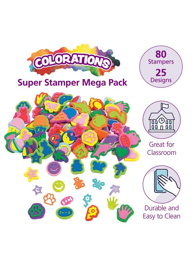 Colorations Mega Foam Stamper Mix, Bulk, Value Pack, 80 Stamps, 25 Assorted designs, EVA Foam, for Kids, Arts & Crafts, Educational, Gift, Non-Toxic, Learning, Stamping - Image 2