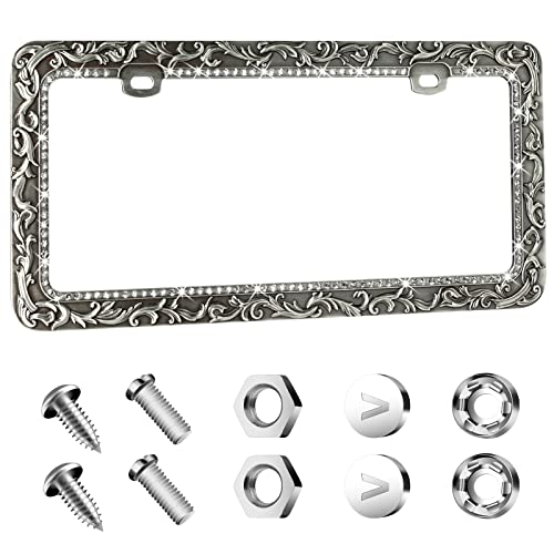 Valor Gel Metal Car License Plate Frames,Antique Old Pattern Printing, Bling Crystal Rhinestones Inlaid,Universal 2 Holes Automotive Replacement Parts Plate Holder(1 Pack) - Image 1