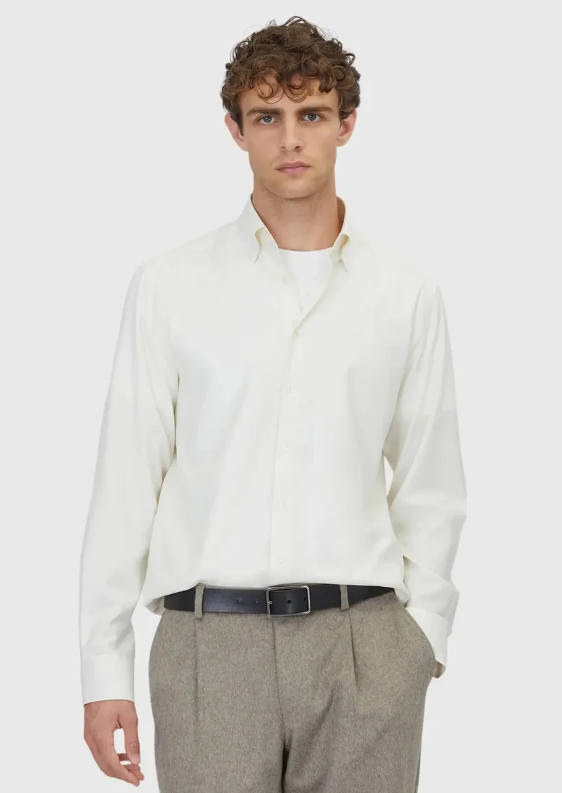 RAMSEY Ecru Plain Casual Fit Weaving Casual Silk Blended Shirt