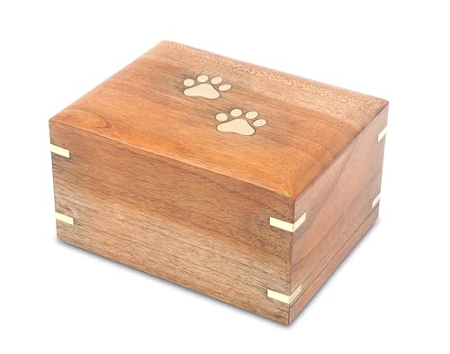 ZIYA Wooden Small Cremation Pet Urn for Dog and Cat Ashes Box Handmade Wood Memorial Pet Urn Brass Paws Inlaid Pet Memorial Funeral Urns for Pet Ashes Mini Keepsake up to 12 Pounds