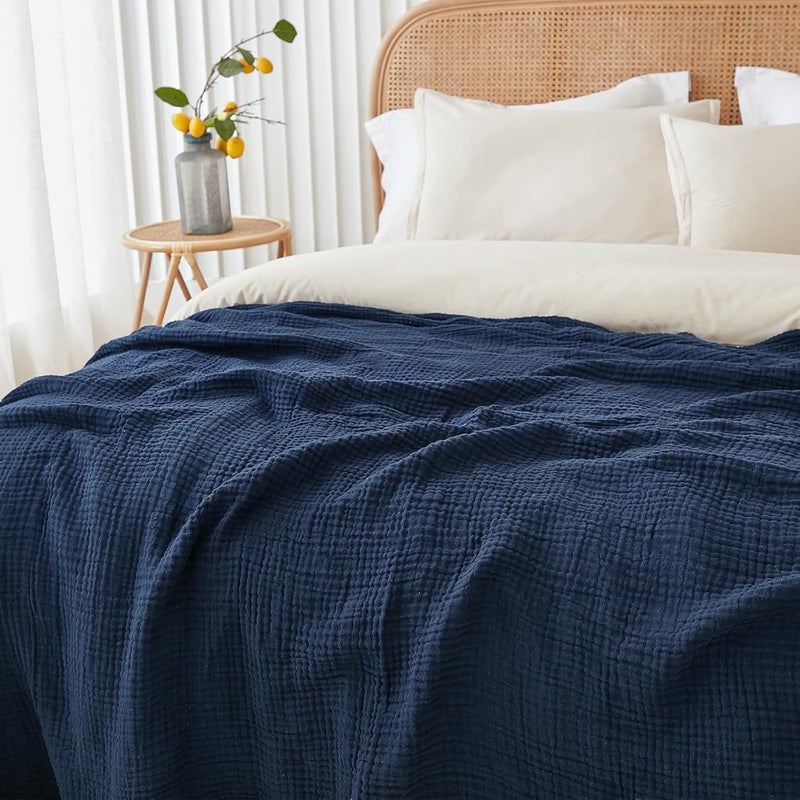 EMME Cotton Muslin Blanket King Size - Soft, Breathable Layering Blanket, 108"x90", All Season Gauze, Navy - Image 3