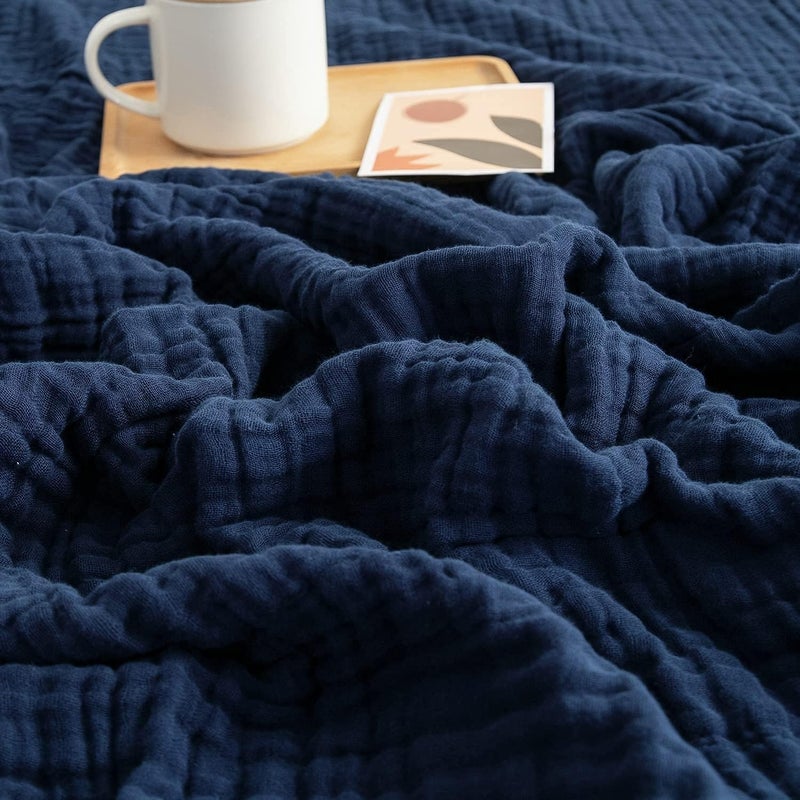 EMME Cotton Muslin Blanket King Size - Soft, Breathable Layering Blanket, 108"x90", All Season Gauze, Navy - Image 1