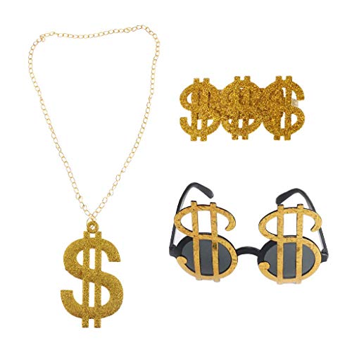 KODORIA 3pcs Golden Dollar Sign Money Pendant Necklace Glasses Ring Mens Funny Pimp Gangster Rapper Fancy Costume Prop - Image 1