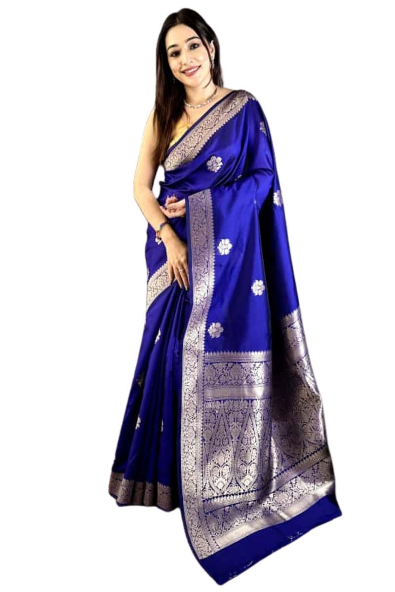 SGF11 Women's Kanjivaram Pure Soft Silk Saree With Unstitched Blouse Piece (Royal Blue) - Image 1