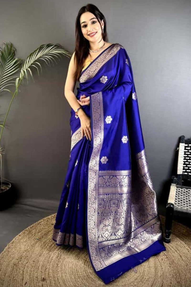 SGF11 Women's Kanjivaram Pure Soft Silk Saree With Unstitched Blouse Piece (Royal Blue) - Image 2