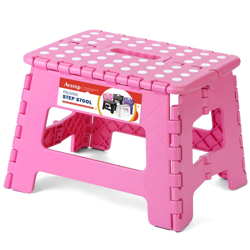 ACSTEP 9 Inch Folding Step Stool - The Lightweight Step Stool is Sturdy and Safe Enough. Opens Easy with One Flip. Great for Kitchen, Bathroom, Bedroom Pink - Image 1