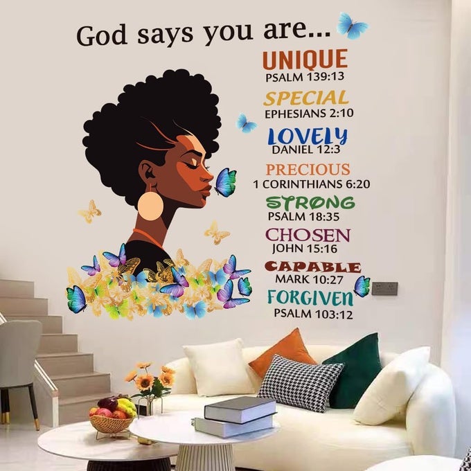 BLACK GIRL WALL STICKERS GOD SAYS YOU ARE WALL DECALS INSPIRATIONAL QUOTE WALL DECALS REMOVABLE DIY PEEL AND STICK WALL STICKER R FOR WALL DECORATION AFRO WOMAN BEDROOM