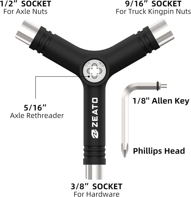 Zeato All-in-One Skate Tools Multi-Function Portable Skateboard T Tool Accessory with T-Type Allen Key and L-Type Phillips Head Wrench Screwdriver - Image 2