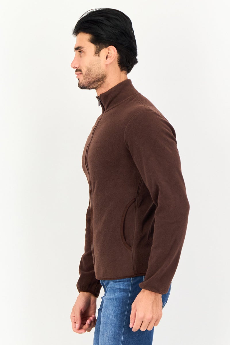 Celio Men High Neck Long Sleeve Plain Full Zip Sweatshirt, Dark Brown - Image 3