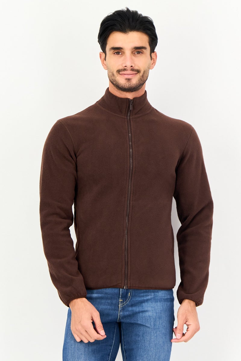Celio Men High Neck Long Sleeve Plain Full Zip Sweatshirt, Dark Brown - Image 1