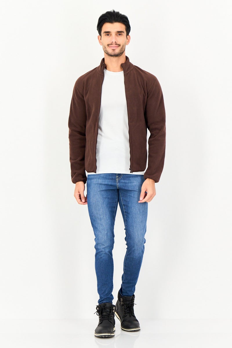 Celio Men High Neck Long Sleeve Plain Full Zip Sweatshirt, Dark Brown - Image 2