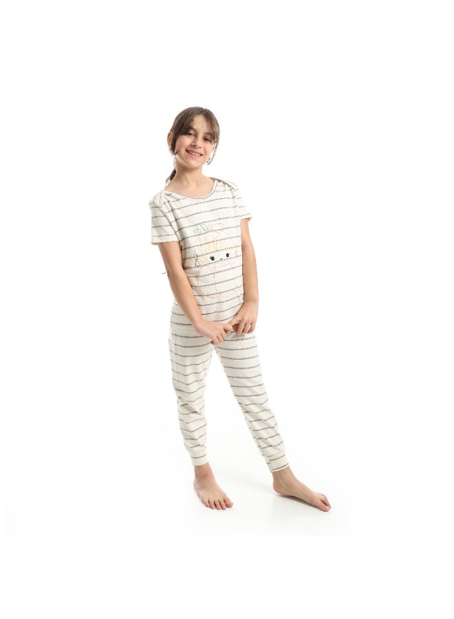 سيزار بيجامة بناتي صيفي بتصميم مقلم وتطريز علي الصدر - Image 2