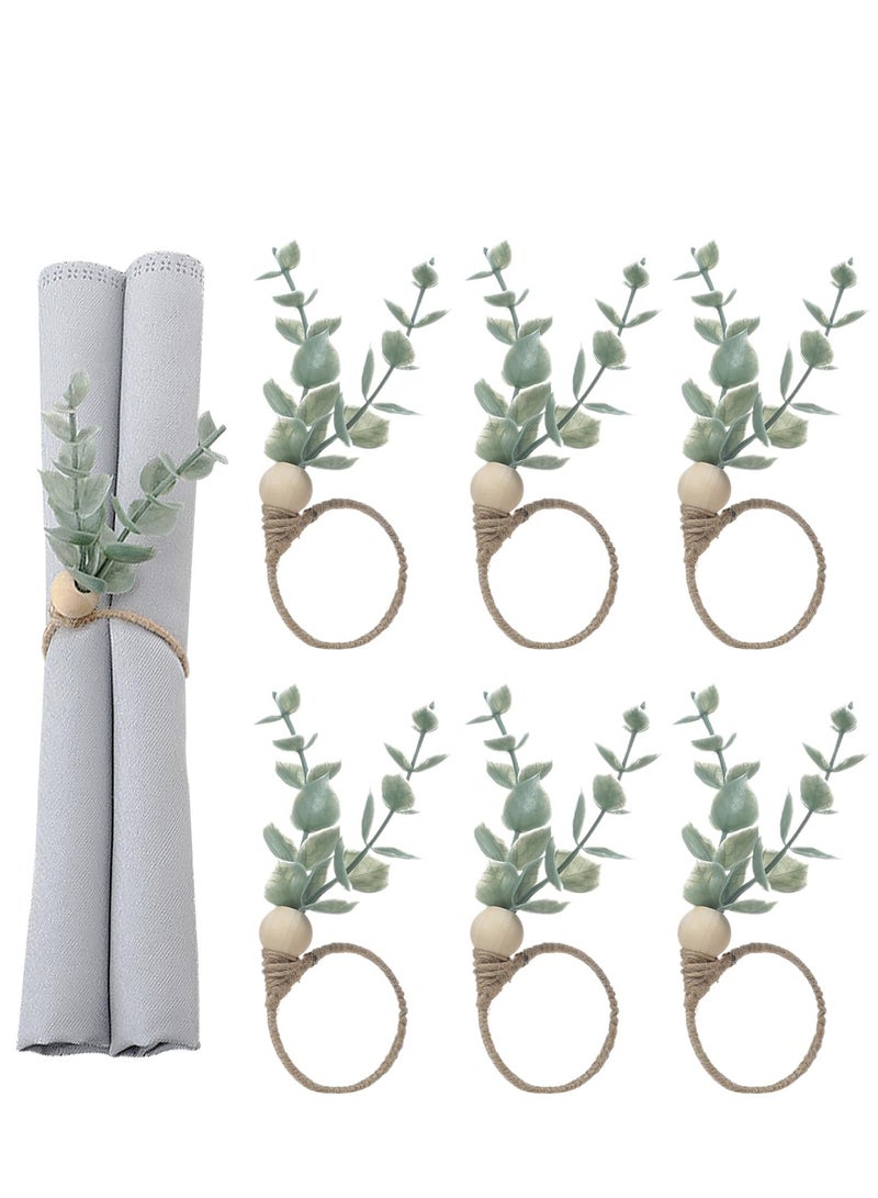 6 Pack Napkin Rings, Eucalyptus Wooden Napkin Rings ,Boho Leaf Wood Bead Farmhouse Spring Fall ,Napkin Ring Holder for Family Dining Banquet Wedding ,Table Decor  - Image 1