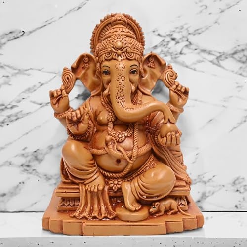KariGhar Ganesh ji Ganpati Bappa Resin Idol Ganesha Murti for Home Decor Puja Lord Ganesh Statue Housewarming Gift for Office Desk Puja Room Brown Figurine (7 x 10 x 14 cm) - Image 1