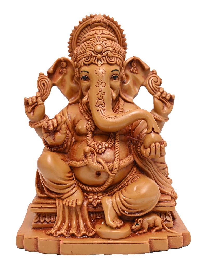 KariGhar Ganesh ji Ganpati Bappa Resin Idol Ganesha Murti for Home Decor Puja Lord Ganesh Statue Housewarming Gift for Office Desk Puja Room Brown Figurine (7 x 10 x 14 cm) - Image 4